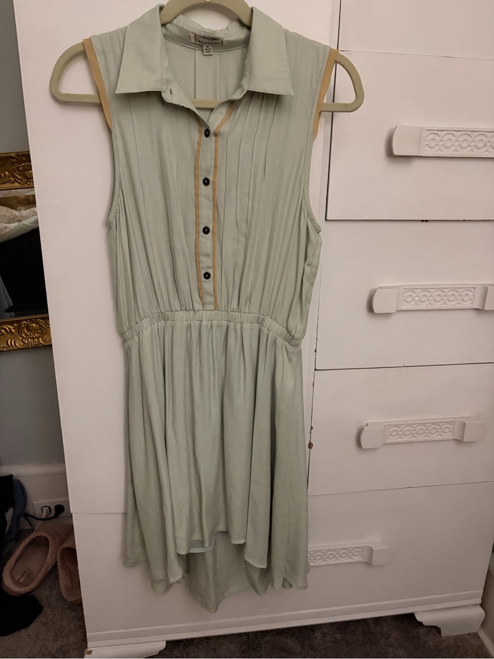 Lucca Couture Sleeveless Shirt Dress in Light Sage with Tan Trim